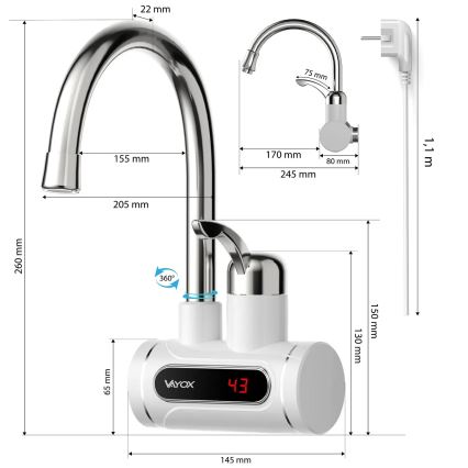 Esquentador de água instantâneo com ecrã LED 3000W/230V IPX4 branco