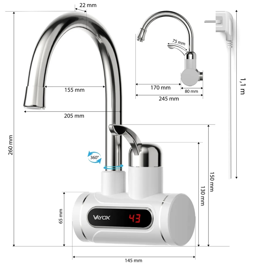 Esquentador de água instantâneo com ecrã LED 3000W/230V IPX4 branco