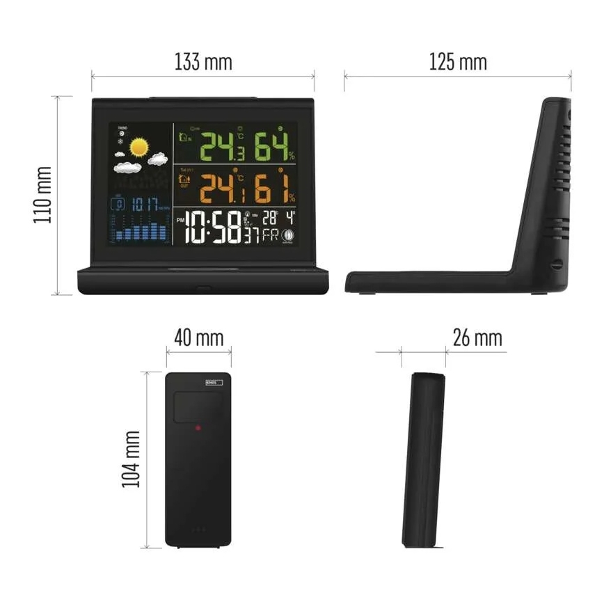 Estação meteorológica com carregamento sem fios 5V 2xAA + 2xAAA preta