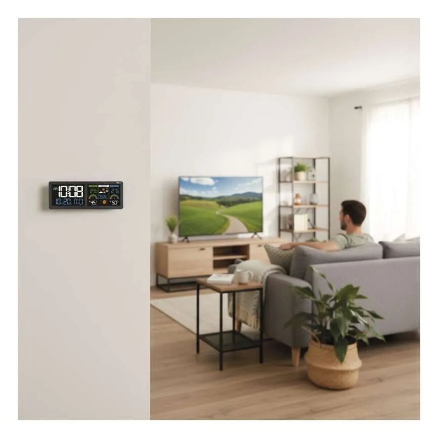 Estação meteorológica com ecrã LCD a cores e despertador 5V 3xAAA + 2xAA preta
