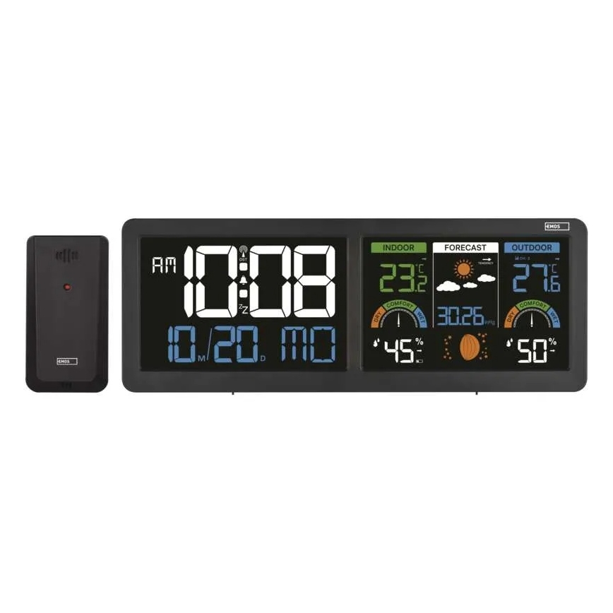Estação meteorológica com ecrã LCD a cores e despertador 5V 3xAAA + 2xAA preta