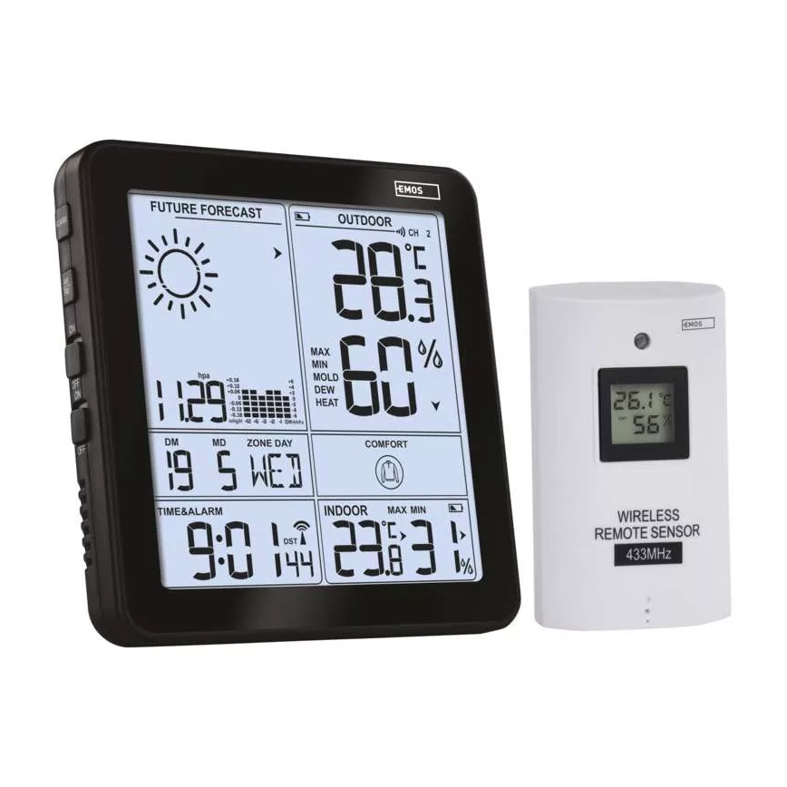 Estação meteorológica sem fios com alarme 3xAA + 2xAAA preto