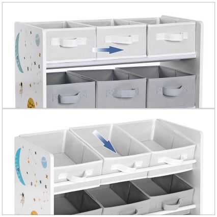 Estante de armazenamento infantil com caixas de tecido ANET azul/branco