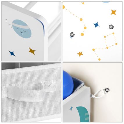 Estante de armazenamento infantil com caixas de tecido ANET azul/branco