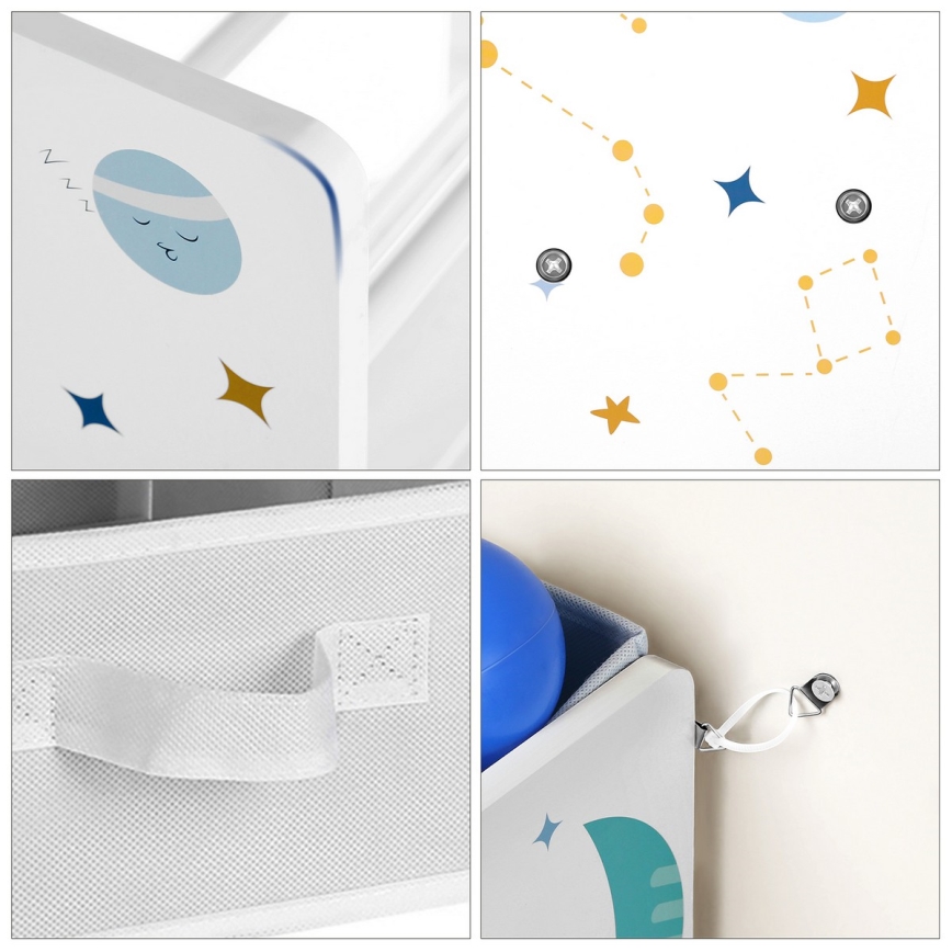 Estante de armazenamento infantil com caixas de tecido ANET azul/branco