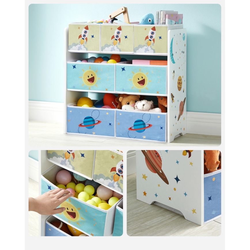 Estante de armazenamento infantil com caixas de tecido ANET azul/branco