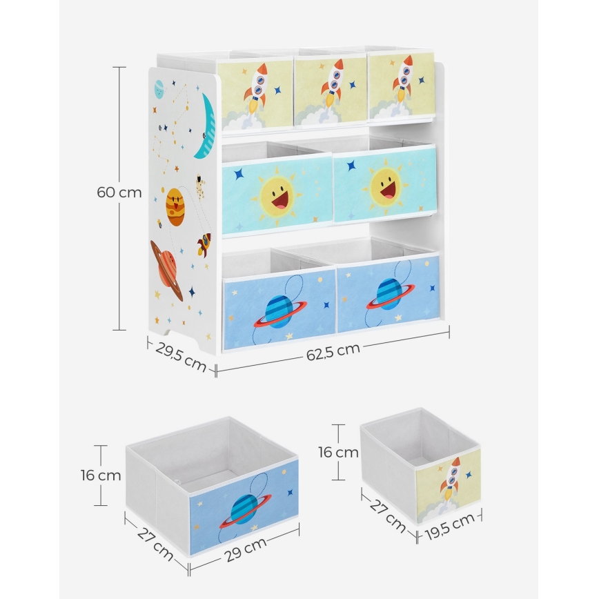 Estante de armazenamento infantil com caixas de tecido ANET azul/branco