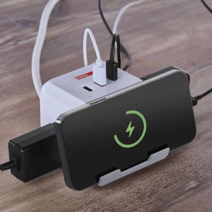 Extensão de cabo com carregamento sem fio QI 2Z + 2x USB-A + 1x USB-C 2m branco