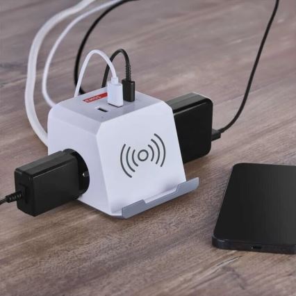 Extensão de cabo com carregamento sem fio QI 2Z + 2x USB-A + 1x USB-C 2m branco