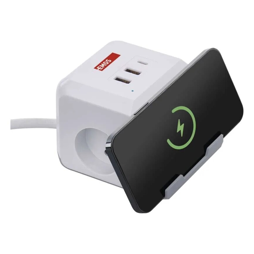 Extensão de cabo com carregamento sem fio QI 2Z + 2x USB-A + 1x USB-C 2m branco