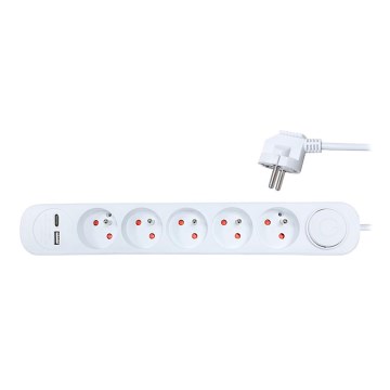 Extensão com interruptor 5 tomadas + 2xUSB 3m branco
