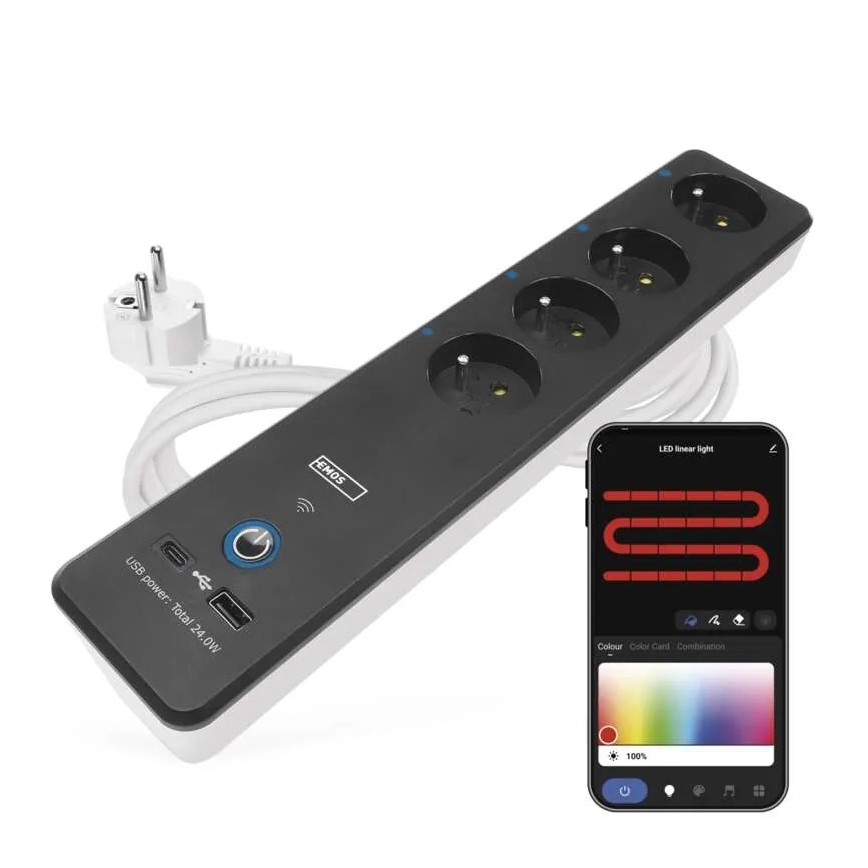 Extensão inteligente com interruptor GoSmart 4 tomadas + 1x USB-A + 1x USB-C 2 m Wi-Fi Tuya