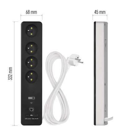 Extensão inteligente com interruptor GoSmart 4 tomadas + 1x USB-A + 1x USB-C 2 m Wi-Fi Tuya