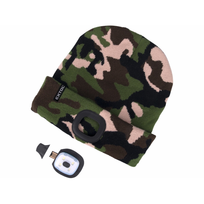 Extol - Gorro com lanterna frontal recarregável por USB (bateria 300 mAh), camuflado, tamanho único