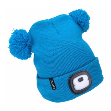 Extol - Gorro com lanterna frontal recarregável via USB 250 mAh, azul com pompons, tam. infantil
