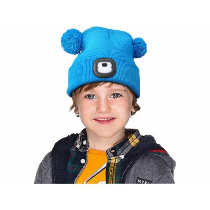 Extol - Gorro com lanterna frontal recarregável via USB 250 mAh, azul com pompons, tam. infantil