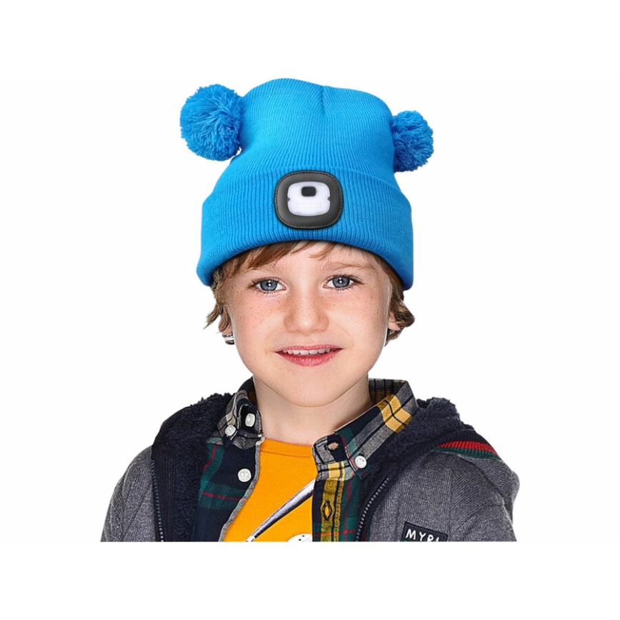 Extol - Gorro com lanterna frontal recarregável via USB 250 mAh, azul com pompons, tam. infantil
