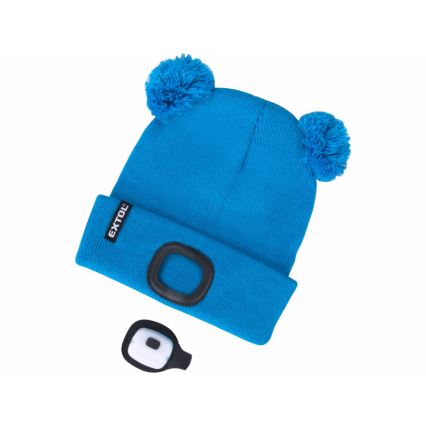 Extol - Gorro com lanterna frontal recarregável via USB 250 mAh, azul com pompons, tam. infantil