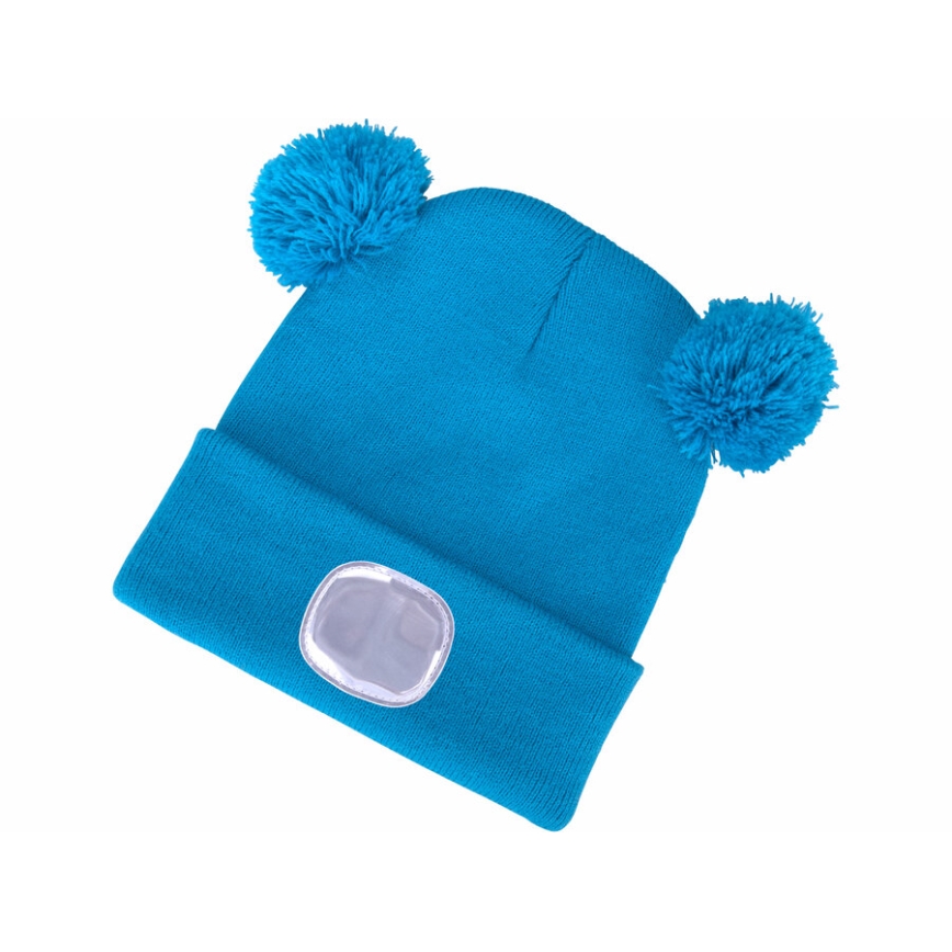 Extol - Gorro com lanterna frontal recarregável via USB 250 mAh, azul com pompons, tam. infantil