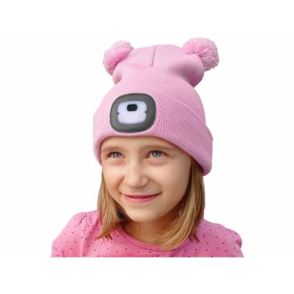 Extol - Gorro com uma lanterna de cabeça e carregador USB 250 mAh rosa com pompoms tamanho infantil