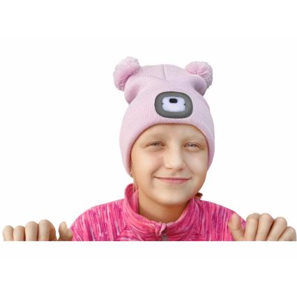 Extol - Gorro com uma lanterna de cabeça e carregador USB 250 mAh rosa com pompoms tamanho infantil