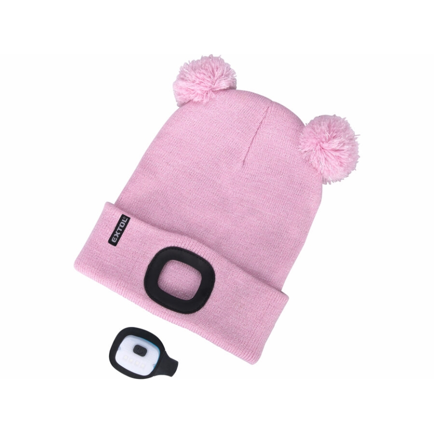 Extol - Gorro com uma lanterna de cabeça e carregador USB 250 mAh rosa com pompoms tamanho infantil