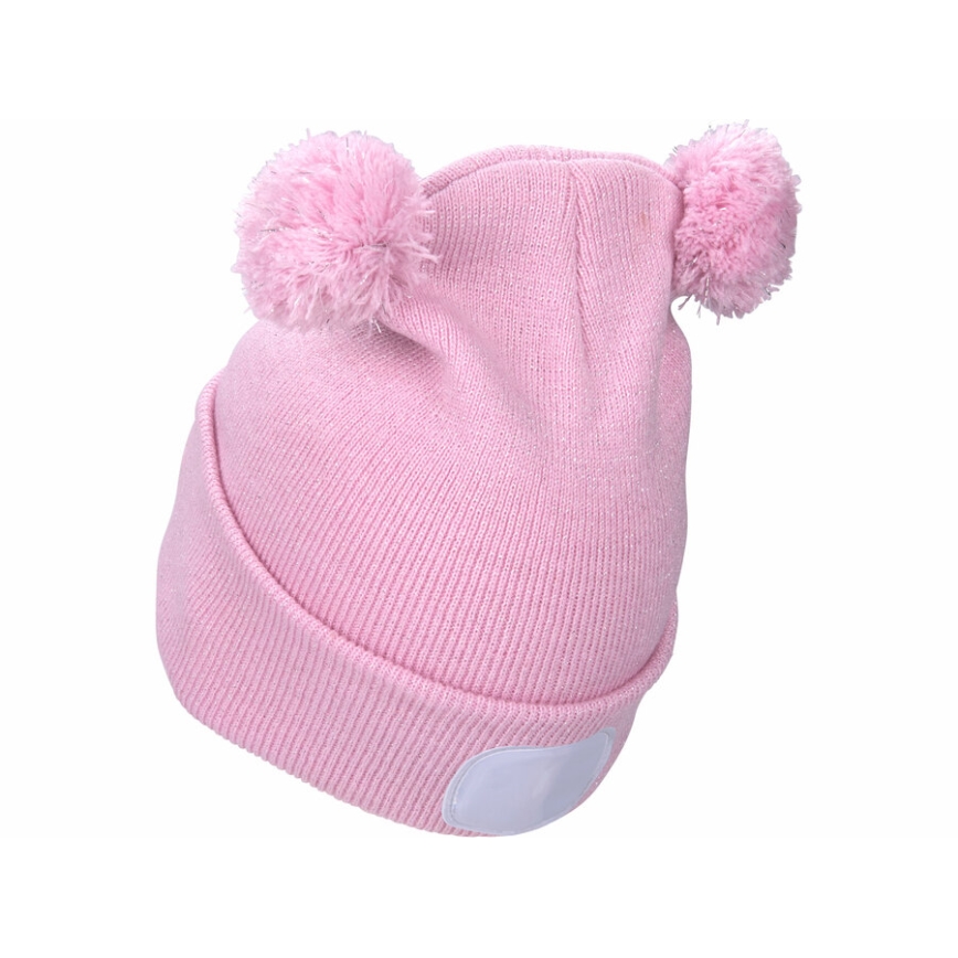 Extol - Gorro com uma lanterna de cabeça e carregador USB 250 mAh rosa com pompoms tamanho infantil