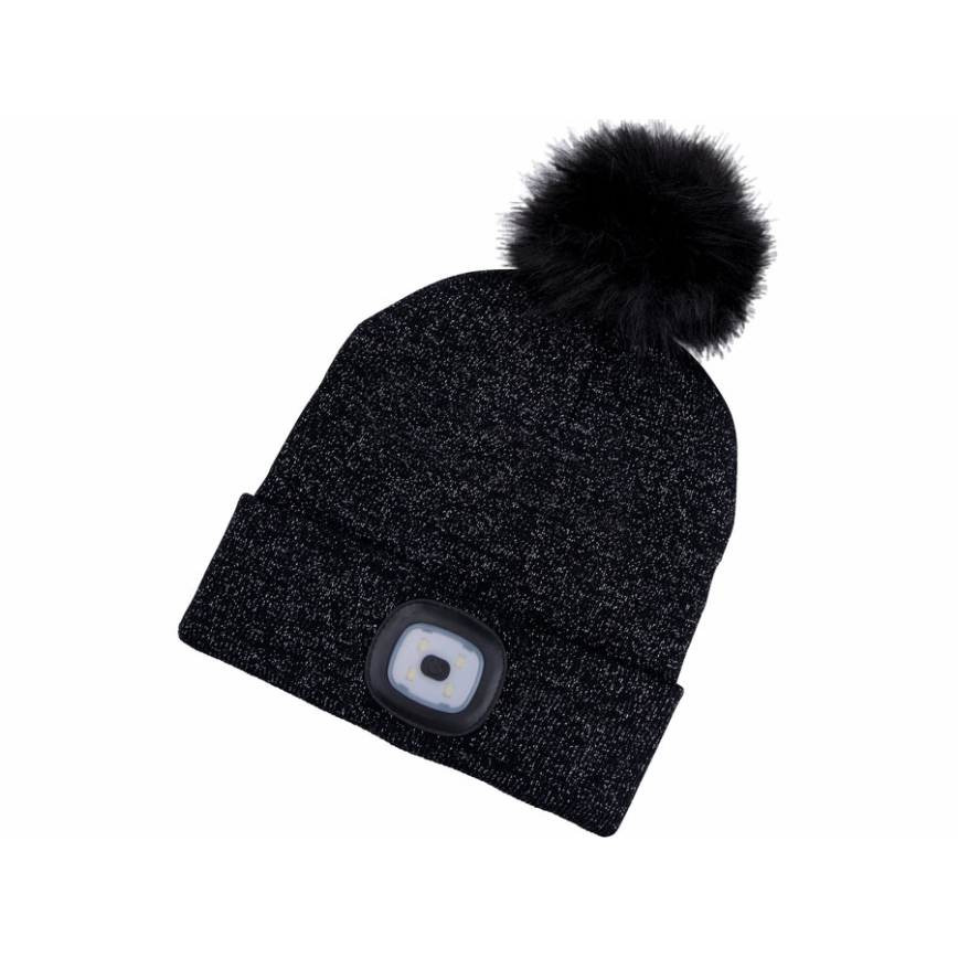 Extol - Gorro com uma lanterna de cabeça e carregador USB 300 mAh preto com pompom tamanho UNI
