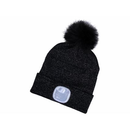 Extol - Gorro com uma lanterna de cabeça e carregador USB 300 mAh preto com pompom tamanho UNI