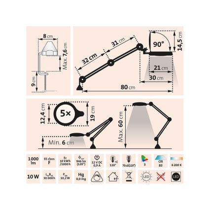 Extol - LED Lâmpada de mesa regulável com lupa LED/10W/230V branca