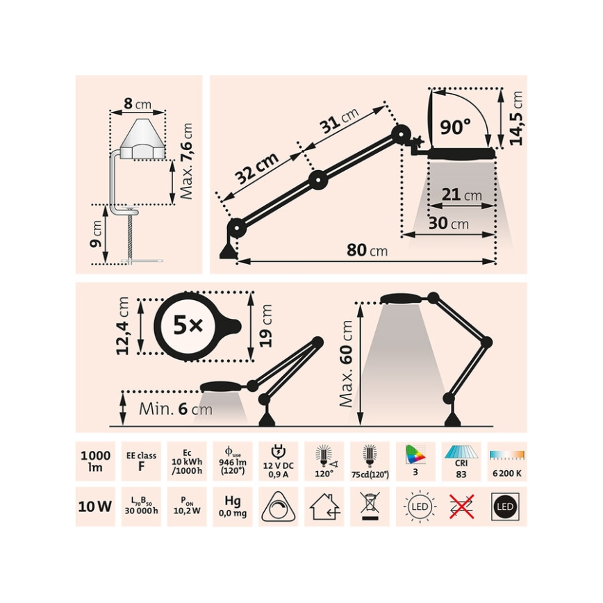 Extol - LED Lâmpada de mesa regulável com lupa LED/10W/230V branca