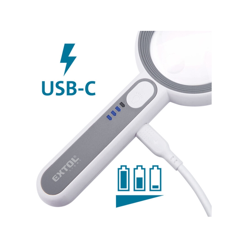 Extol - Lupa recarregável com iluminação LED dimerizável/650 mAh branca/cinzenta