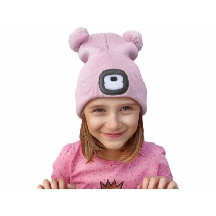 Extol - Touca infantil com luz frontal e bateria recarregável 250 mAh via USB, rosa com pompons