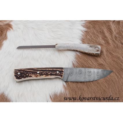 Faca de caça em damasco com mini-serra 11 cm chifre de veado