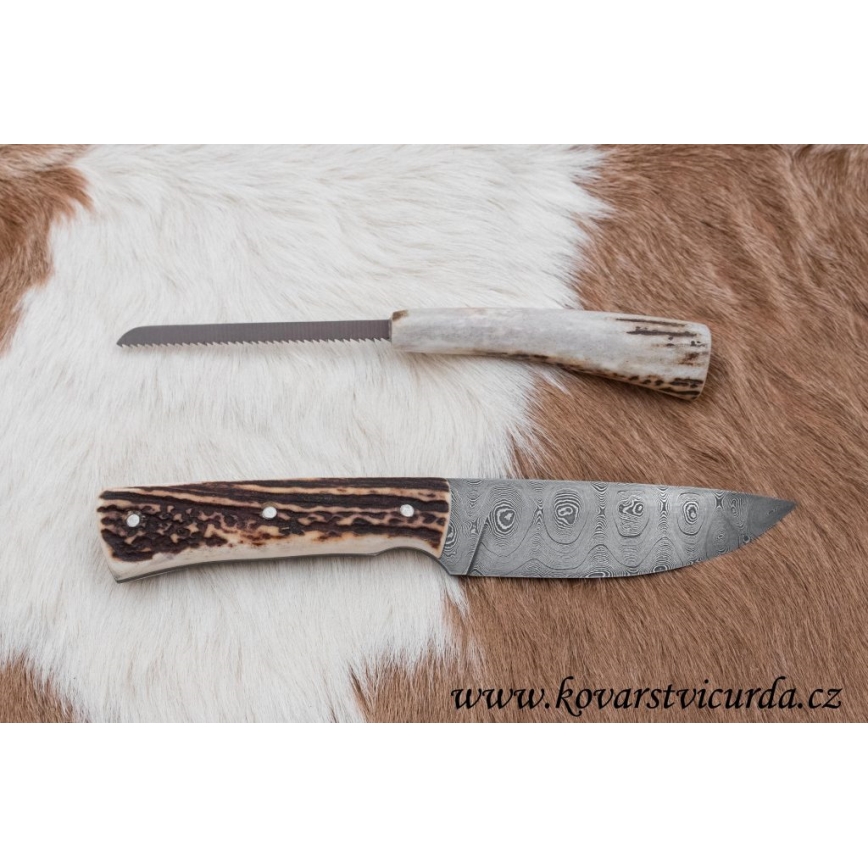 Faca de caça em damasco com mini-serra 11 cm chifre de veado