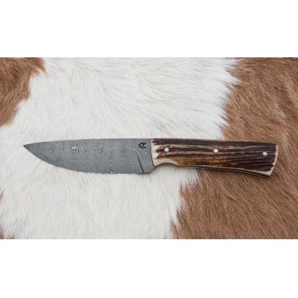 Faca de caça em damasco com mini-serra 11 cm chifre de veado