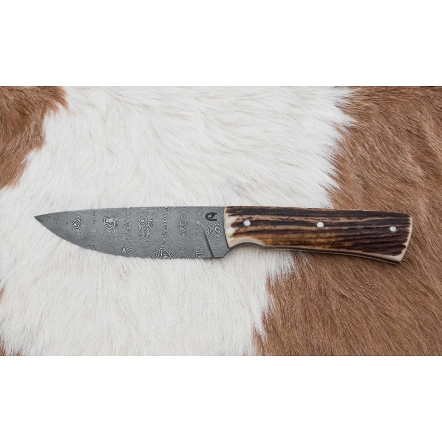 Faca de caça em damasco com mini-serra 11 cm chifre de veado