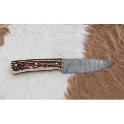 Faca de caça em damasco com mini-serra 11 cm chifre de veado