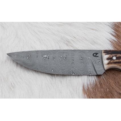 Faca de caça em damasco com mini-serra 11 cm chifre de veado