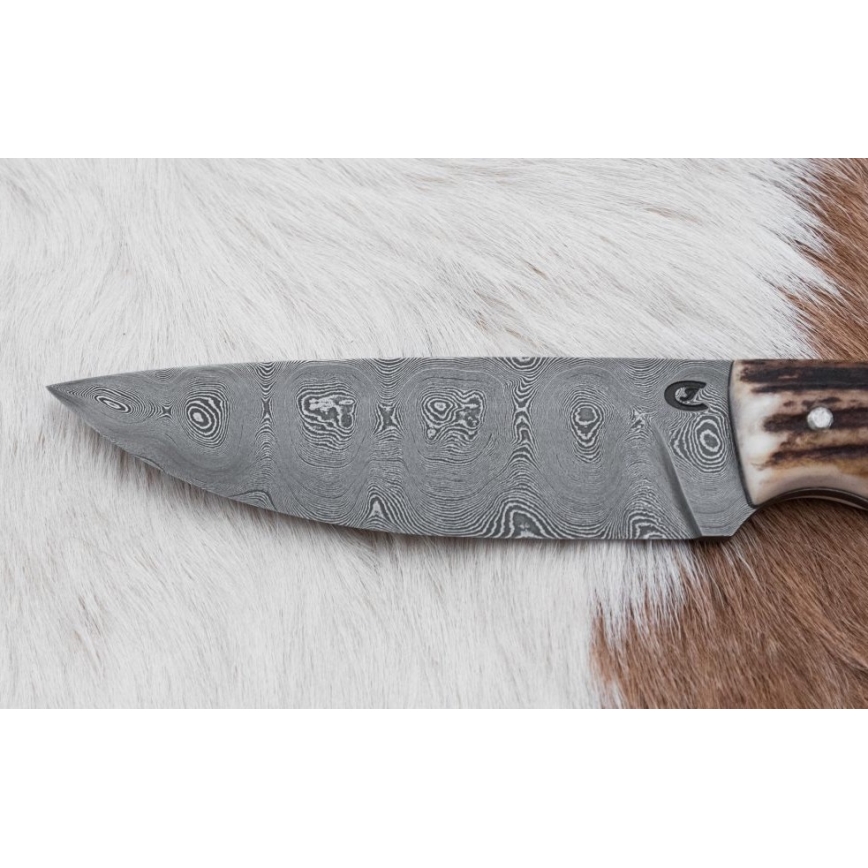 Faca de caça em damasco com mini-serra 11 cm chifre de veado