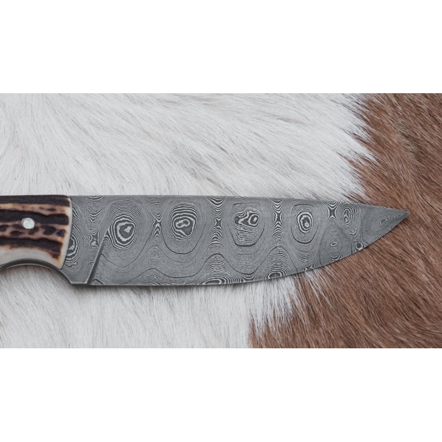 Faca de caça em damasco com mini-serra 11 cm chifre de veado