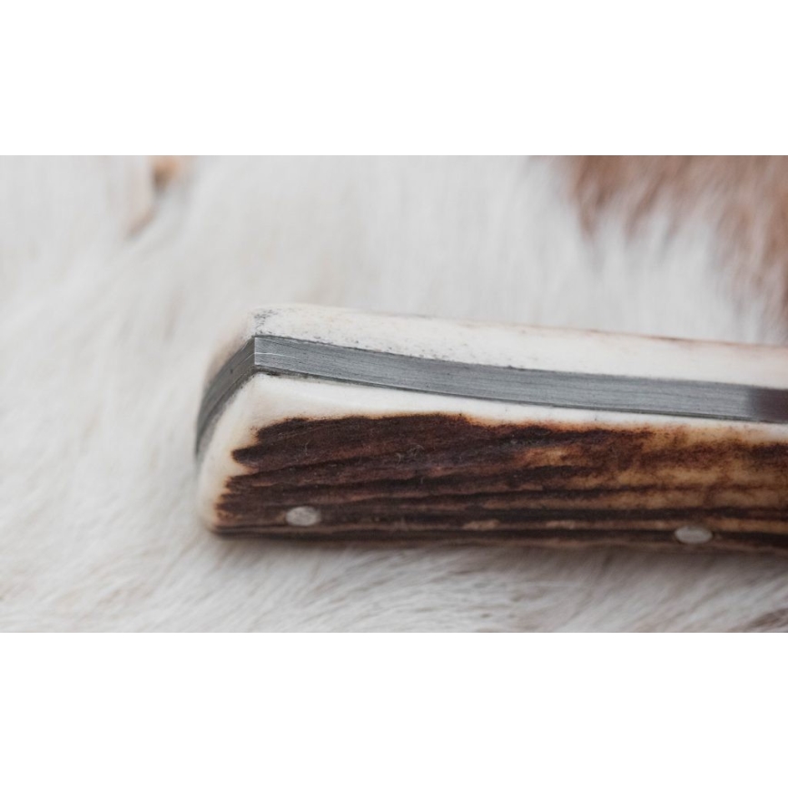 Faca de caça em damasco com mini-serra 11 cm chifre de veado