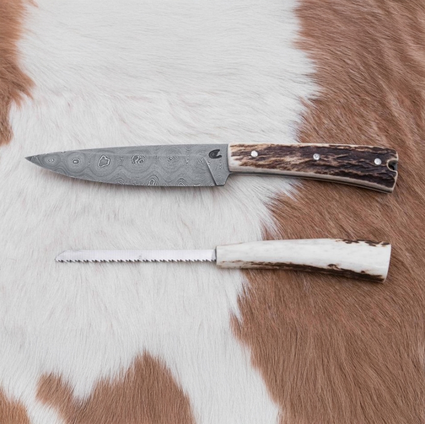 Faca de caça em Damasco com mini-serra 12 cm chifre de veado