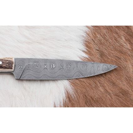 Faca de caça em Damasco com mini-serra 12 cm chifre de veado