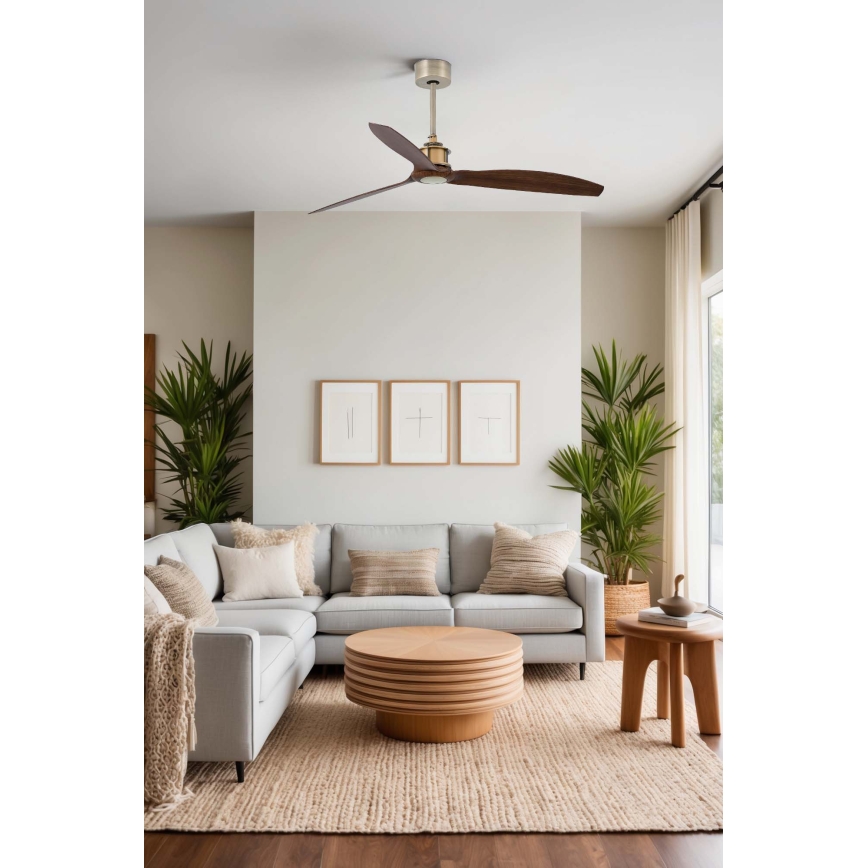 FARO 33398WT - Ventilador de teto JUST FAN M, diâmetro 128 cm, castanho/latão, Wi-Fi Tuya + controlo remoto