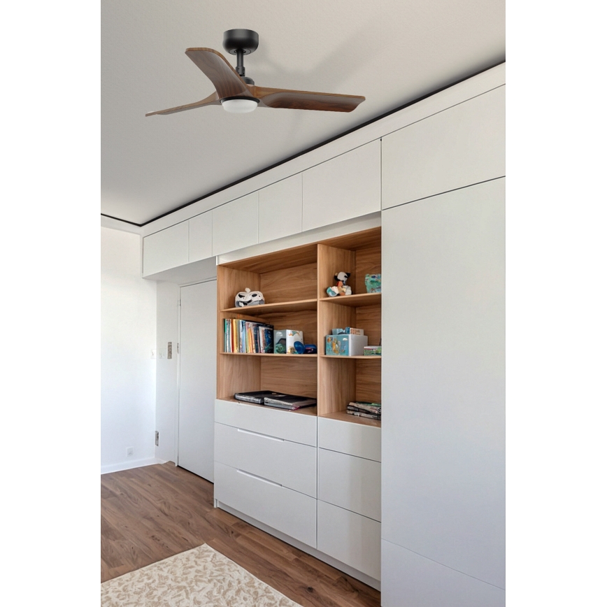 FARO 33806WT-1TW - Ventilador de teto LED regulável HEYWOOD S LED/10W/230V 2700/4000/6000K madeira/preto Ø 90 cm Wi-Fi Tuya + controlo remoto