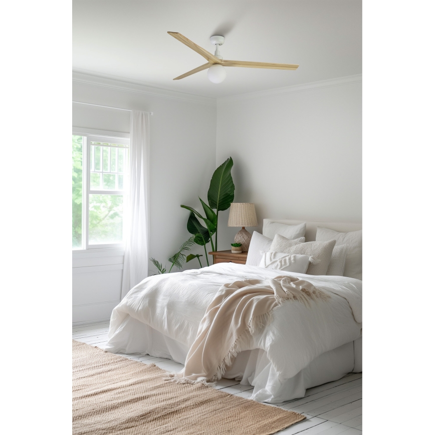 FARO 34279-11L - Ventoinha de teto KLIM L 1xE27/15W/230V carvalho/branco diâmetro 150 cm + comando