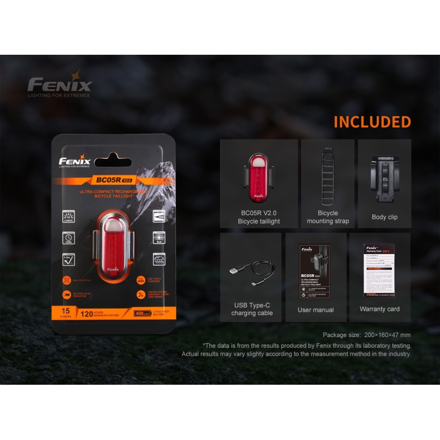 Fenix BC05RV20 - Lanterna LED recarregável de bicicleta LED/USB IP66 15 lm 120 hrs