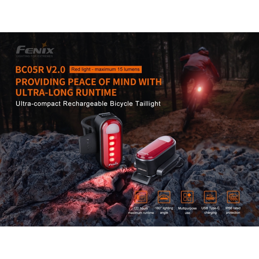 Fenix BC05RV20 - Lanterna LED recarregável de bicicleta LED/USB IP66 15 lm 120 hrs