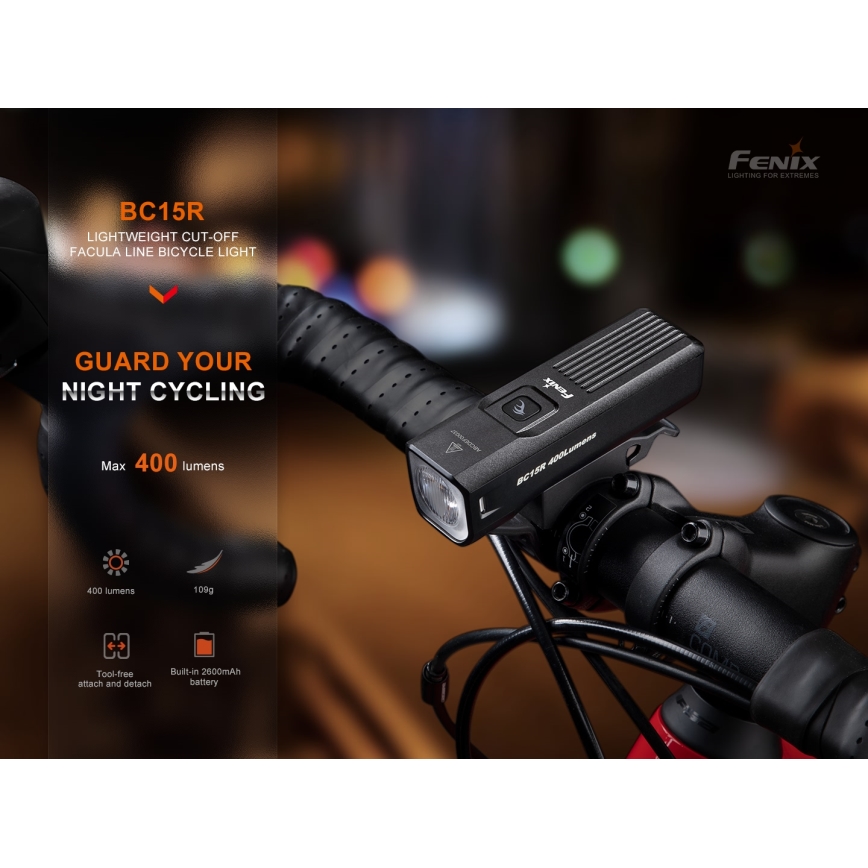 Fenix BC15R - LED Luz de bicicleta recarregável e regulável LED/USB IP66 400 brilhante 31,5 h 2600 mAh